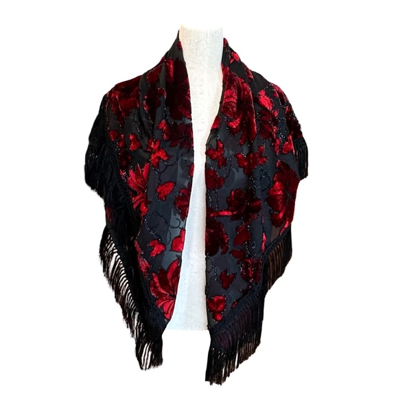 Sheer/Velvet Square Evening Scarf/Wrap Red/Black - Picture 1 of 10